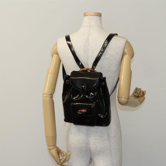 GUCCI Bamboo Backpack Enamel Black Gold Auth bs23155