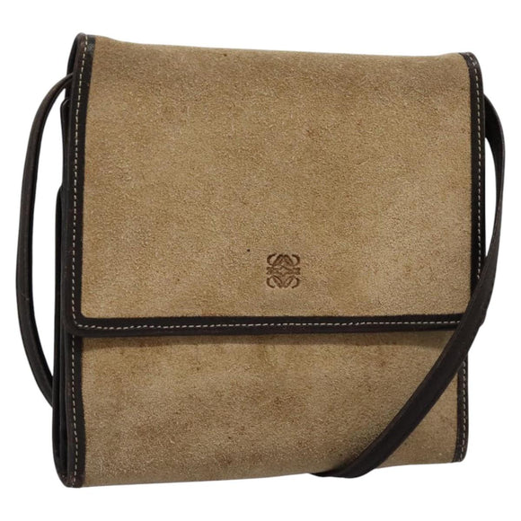 LOEWE Anagram Shoulder wallet Suede Leather Beige Brown gold Auth bs23167