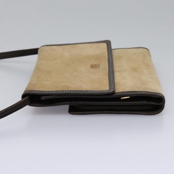 LOEWE Anagram Shoulder wallet Suede Leather Beige Brown gold Auth bs23167