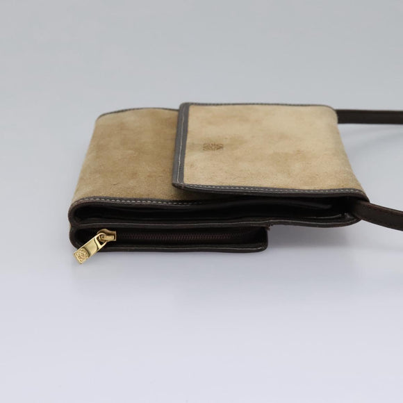 LOEWE Anagram Shoulder wallet Suede Leather Beige Brown gold Auth bs23167
