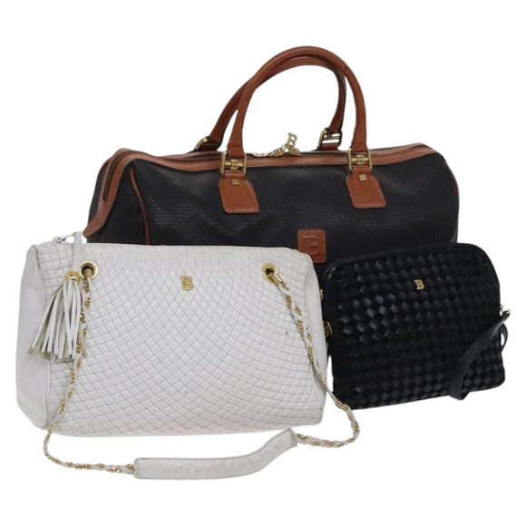 BALLY INTRECCIATO Shoulder Boston Bag Leather 3 Set Black White Auth bs23216
