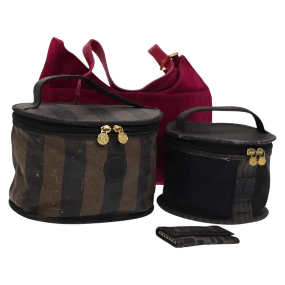 FENDI Pecan Canvas Zucca Canvas Bag Suede 4 Set Pink Brown black Auth bs23233