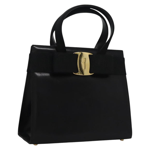 Salvatore Ferragamo Vala Hand Bag Leather Black Gold Auth bs23240
