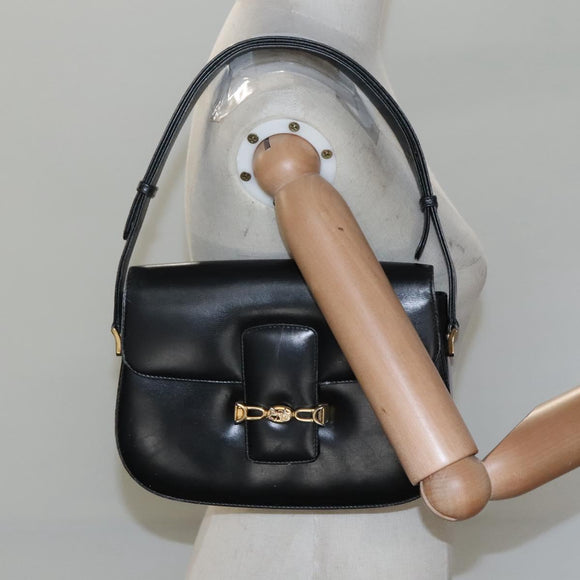 CELINE Horse Carriage Shoulder Bag Leather Black Gold Auth bs23266