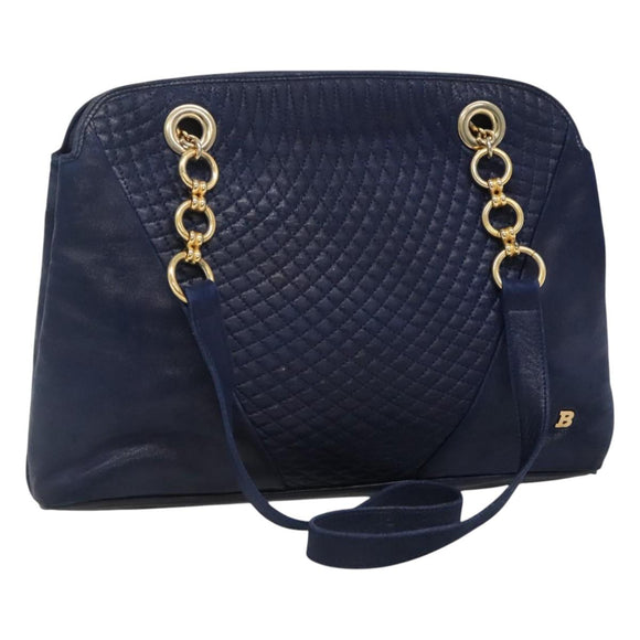 BALLY Shoulder Bag Leather Navy Gold Auth bs23323