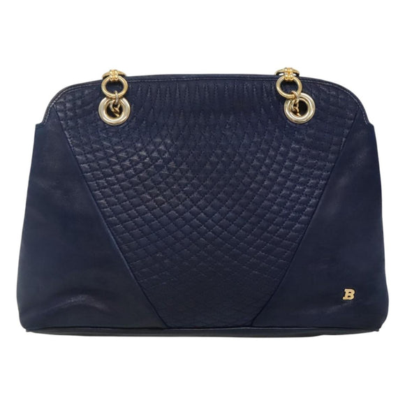 BALLY Shoulder Bag Leather Navy Gold Auth bs23323