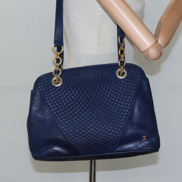 BALLY Shoulder Bag Leather Navy Gold Auth bs23323