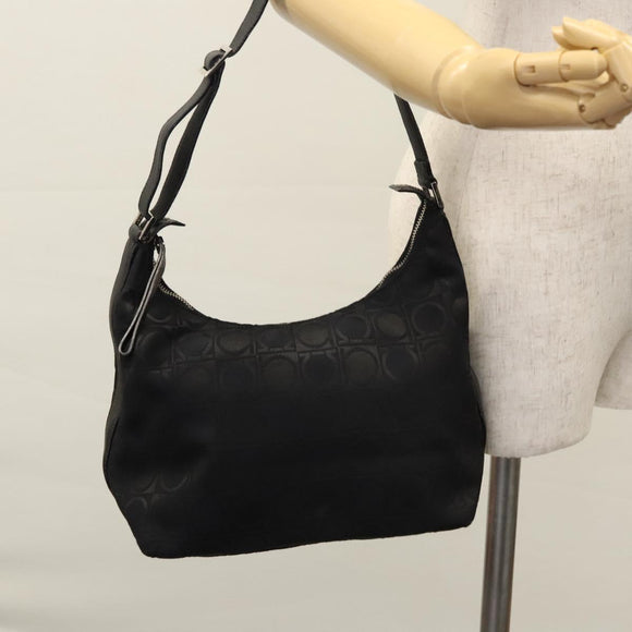 Salvatore Ferragamo Gancini Shoulder Bag Canvas Black Silver Auth bs23336