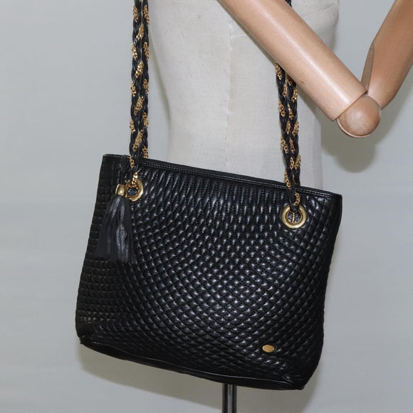 BALLY Quilted Chain Shoulder Bag Leather Black Gold Auth bs23339