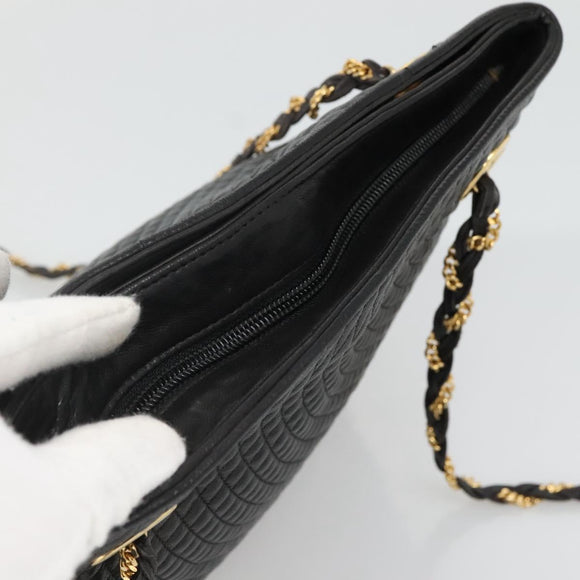 BALLY Quilted Chain Shoulder Bag Leather Black Gold Auth bs23339