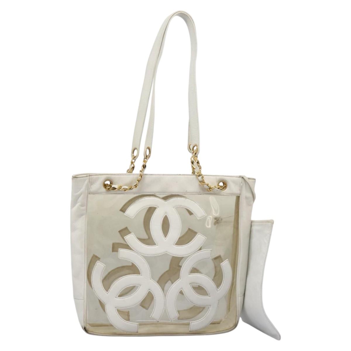 CHANEL Triple Coco Chain Tote Bag Vinyl Leather White Gold CC Auth