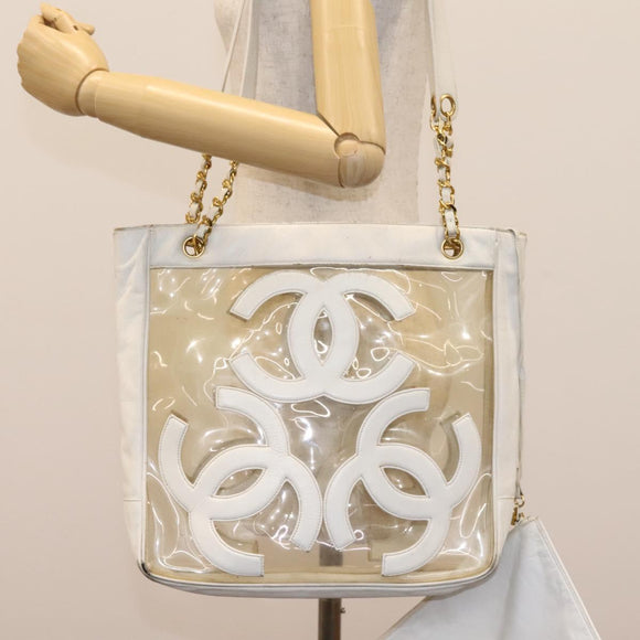 CHANEL Triple Coco Chain Tote Bag Vinyl Leather White Gold CC Auth bs23423