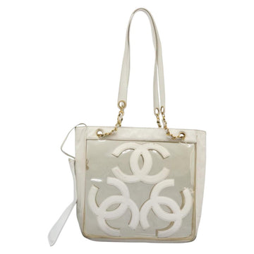 CHANEL Triple Coco Chain Tote Bag Vinyl Leather White Gold CC Auth bs23423 - 0