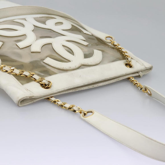 CHANEL Triple Coco Chain Tote Bag Vinyl Leather White Gold CC Auth bs23423