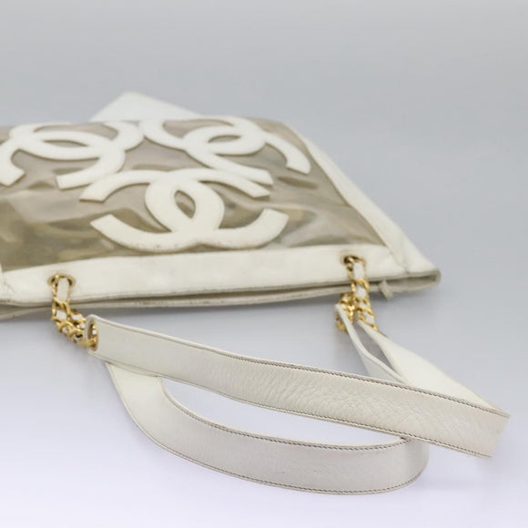 CHANEL Triple Coco Chain Tote Bag Vinyl Leather White Gold CC Auth bs23423