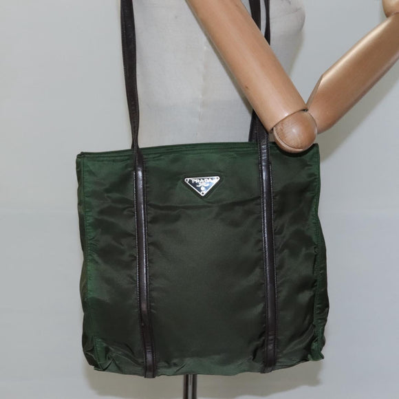 PRADA Shoulder Bag Nylon Khaki Silver Auth bs23455