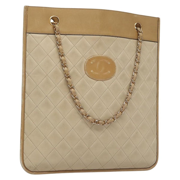 CHANEL Matelasse Chain Hand Bag Lamb Skin Beige Gold CC Auth bs23472
