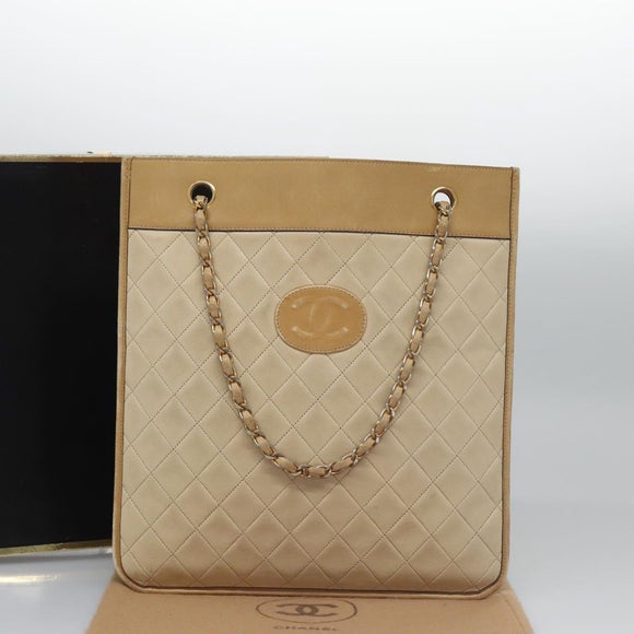 CHANEL Matelasse Chain Hand Bag Lamb Skin Beige Gold CC Auth bs23472