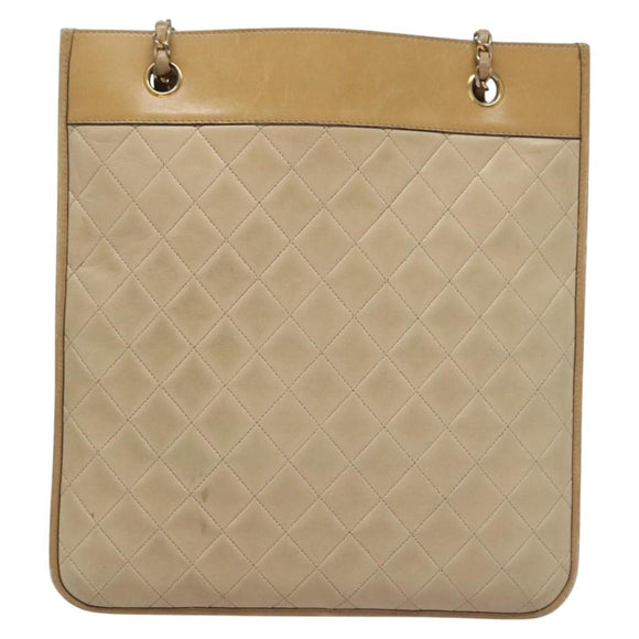 CHANEL Matelasse Chain Hand Bag Lamb Skin Beige Gold CC Auth bs23472