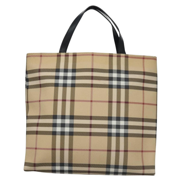 BURBERRY Nova Check Hand Bag PVC Beige Silver Auth bs23486