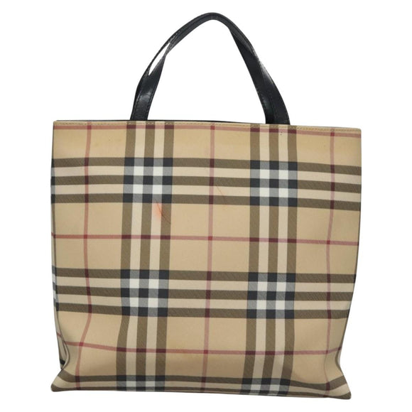 BURBERRY Nova Check Hand Bag PVC Beige Silver Auth bs23486
