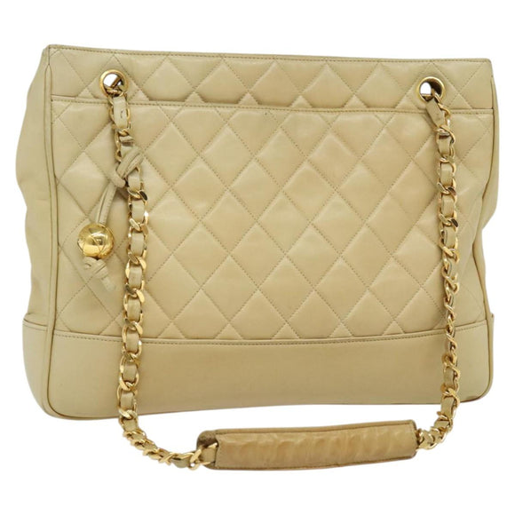 CHANEL Matelasse Chain Shoulder Bag Lamb Skin Beige Gold CC Auth bs23535