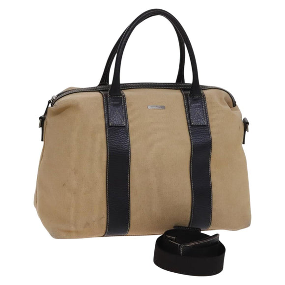 Salvatore Ferragamo Boston Bag Canvas Leather 2way Beige Silver Auth bs23541