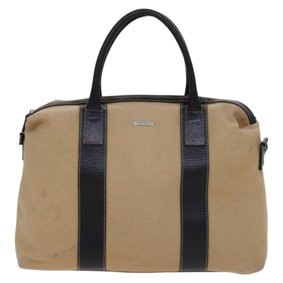 Salvatore Ferragamo Boston Bag Canvas Leather 2way Beige Silver Auth bs23541