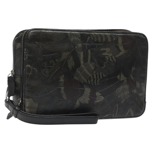 Salvatore Ferragamo Clutch Bag Leather Black Gold Auth bs23562