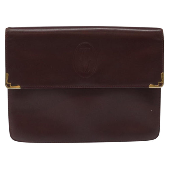 CARTIER Clutch Bag Leather Bordeaux Gold Auth bs23567