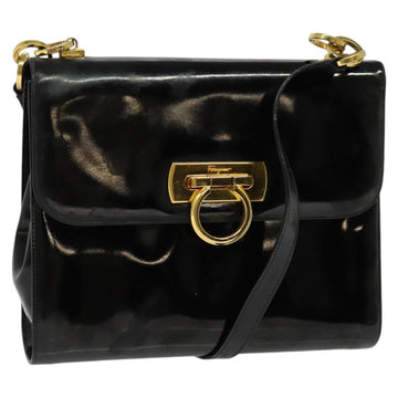 Salvatore Ferragamo Gancini Shoulder Bag Enamel Black Gold Auth bs23808