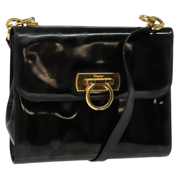 Salvatore Ferragamo Gancini Shoulder Bag Enamel Black Gold Auth bs23808