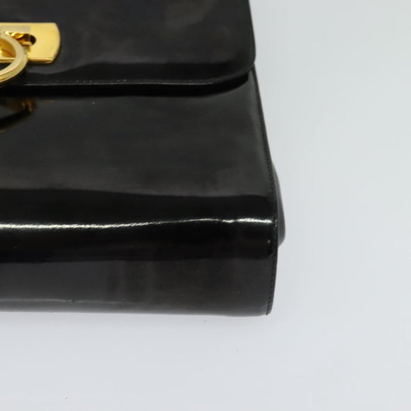 Salvatore Ferragamo Gancini Shoulder Bag Enamel Black Gold Auth bs23808