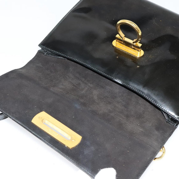 Salvatore Ferragamo Gancini Shoulder Bag Enamel Black Gold Auth bs23808