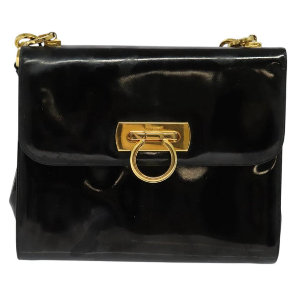 Salvatore Ferragamo Gancini Shoulder Bag Enamel Black Gold Auth bs23808