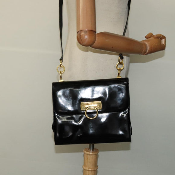 Salvatore Ferragamo Gancini Shoulder Bag Enamel Black Gold Auth bs23808