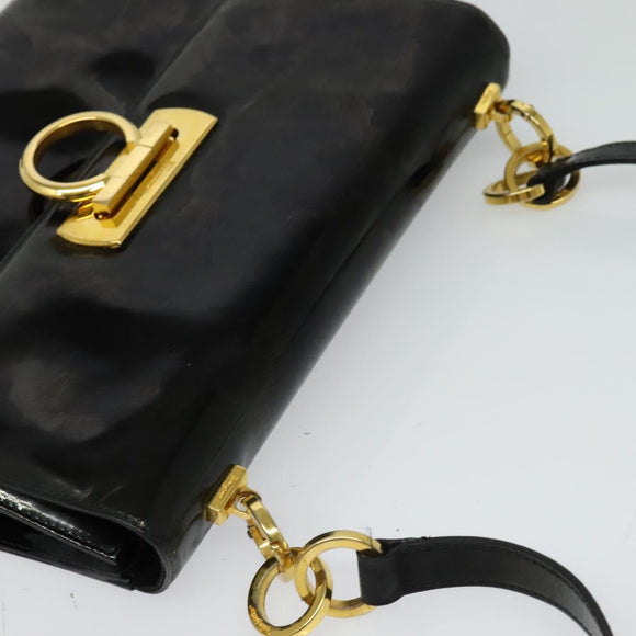 Salvatore Ferragamo Gancini Shoulder Bag Enamel Black Gold Auth bs23808