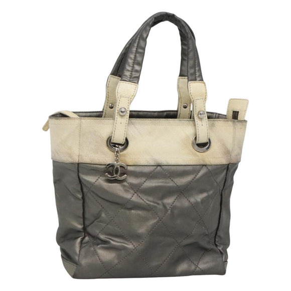 CHANEL Paris Biarritz PM Tote Bag Coated Canvas Silver CC Auth bs23887
