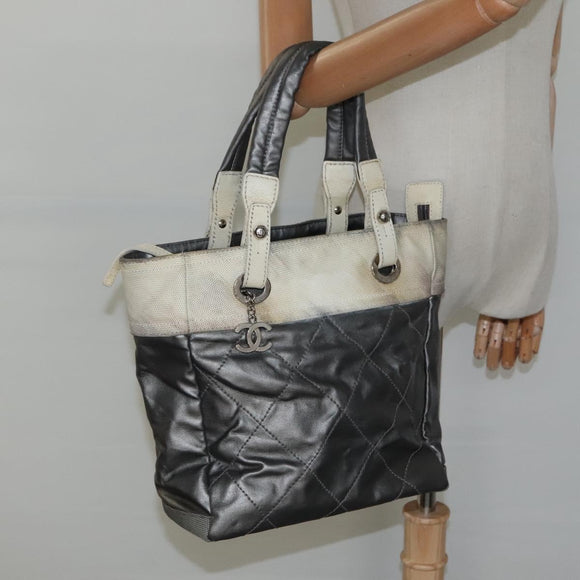CHANEL Paris Biarritz PM Tote Bag Coated Canvas Silver CC Auth bs23887
