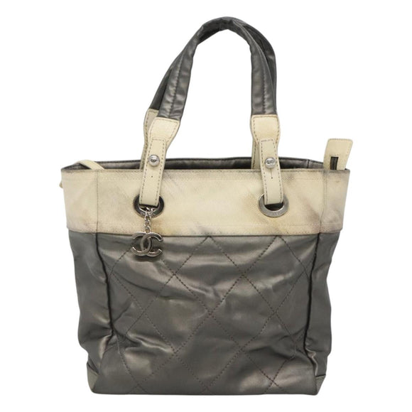 CHANEL Paris Biarritz PM Tote Bag Coated Canvas Silver CC Auth bs23887