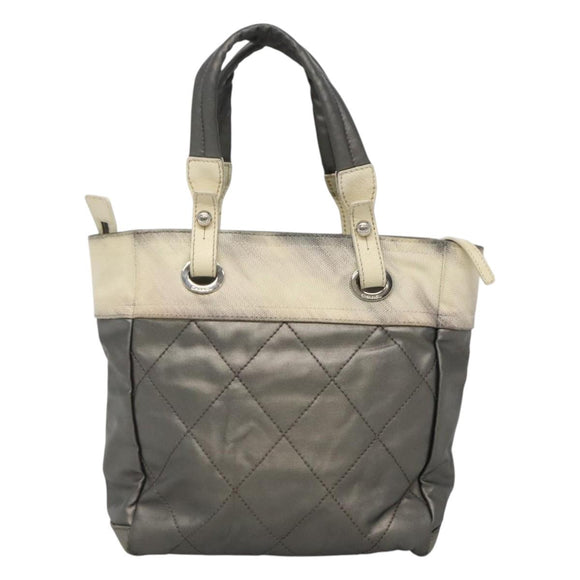 CHANEL Paris Biarritz PM Tote Bag Coated Canvas Silver CC Auth bs23887