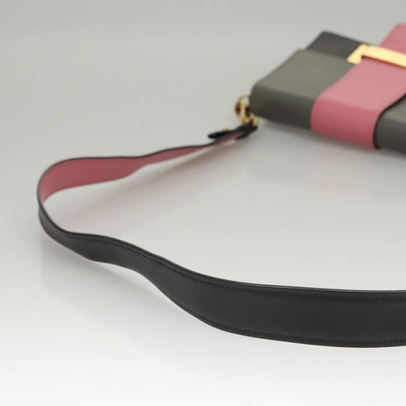 PRADA Chain Shoulder Bag Leather Gray Gold Auth bs23951