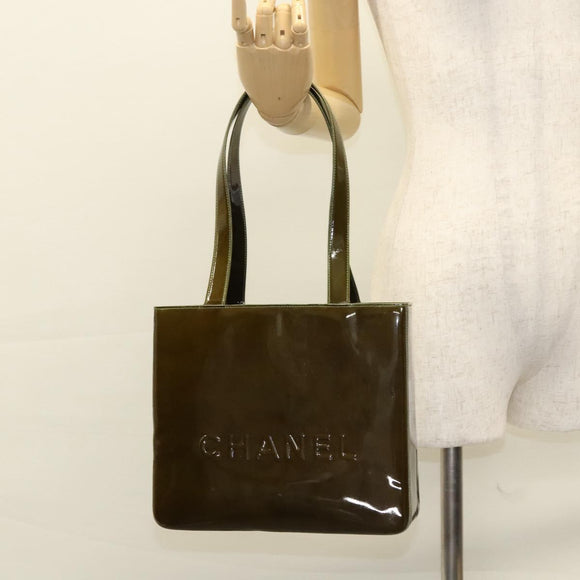 CHANEL Hand Bag Enamel Khaki CC Auth bs23971