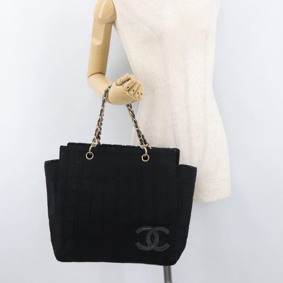 CHANEL Chain Hand Bag Cotton Black Gold CC Auth bs23972