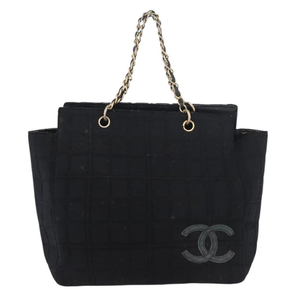CHANEL Chain Hand Bag Cotton Black Gold CC Auth bs23972