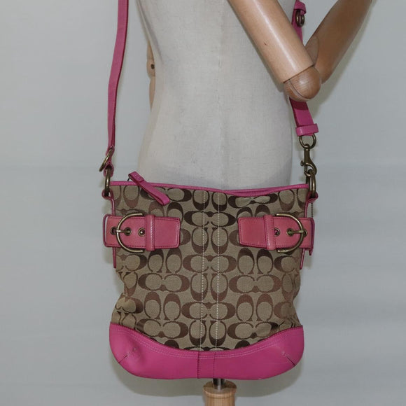 Coach Signature Shoulder Bag Canvas Beige Pink Auth bs24115