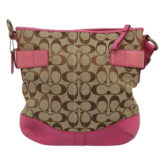 Coach Signature Shoulder Bag Canvas Beige Pink Auth bs24115