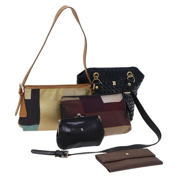 BALLY Shoulder Bag Canvas Leather 5 Set Beige Brown Navy Auth bs24168