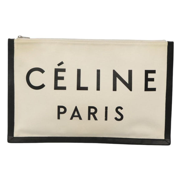 CELINE Clutch Bag Canvas White Black Auth bs24215