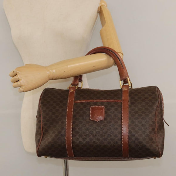 CELINE Macadam Canvas Boston Bag PVC Leather Brown Gold Auth bs24216